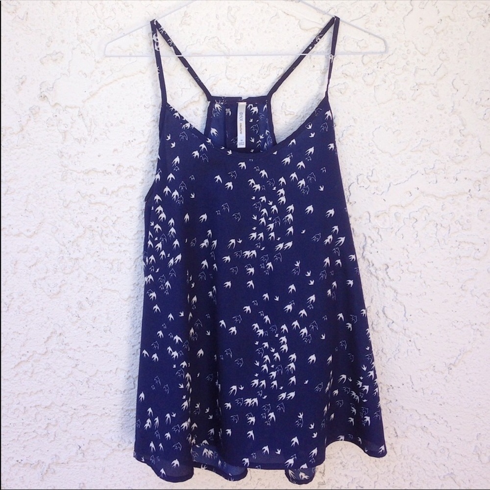 Sleeveless Navy blue bird print top